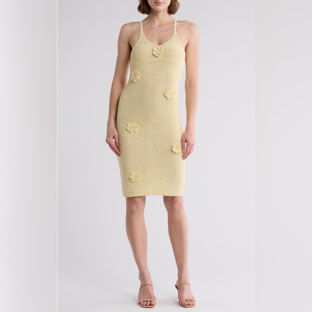 Lush Yellow Knit Midi Dress with Floral Details